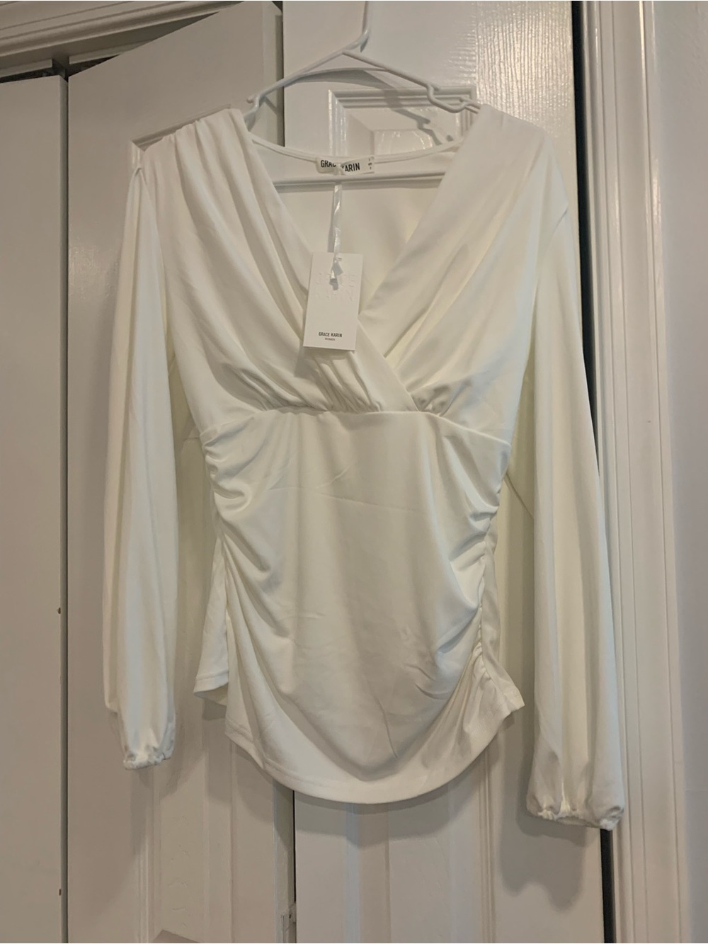 Grace Karin Cream Wrap-Style Long Sleeve Blouse